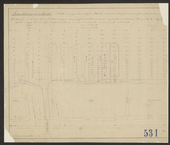 K-531 Dijk- en oeverkaart tusschen de dijkpalen 18-21 (oude nummering) met peilingen 1862 en 1863 en ontwerp bezinking