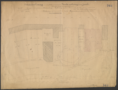 K-544 Situatie van den zeedijk en vooroever tusschen de raaipalen 15-27, met oeverafschuiving 18 Oct. 1872 en project ...