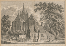 11-1361 De Kerk te Kapelle . De kerk te Kapelle vanuit het oosten, met woonhuis, huifkar en pomp