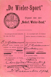 A-7042B Bewijs van lidmaatschap van de Nederlandse Wielerbond van Edzard Jacob Gelderman.