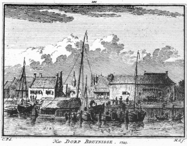 B-0737 Bruinisse. Gravure (Spilman) van tekening (Pronk) van de haven van Bruinisse uit 1745. v.l.n.r: het Veerhuis, de ...