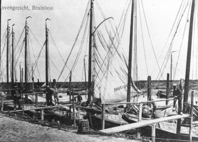 B-2025 Bruinisse. Lagekaai. V.l.n.r.: de Hoogaars BRU 49 de Zwaluw , ingeschreven te Bruinisse op 17 okt. 1911, van ...