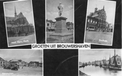 BRO-1306 Brouwershaven. Brouwershaven. linksboven: St. Nicolaaskerk; rechtsboven: Markt met stadhuis; rechtsonder: ...