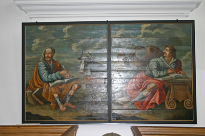 BUR-0727 Zierikzee. Nieuwe Kerk. Twee schilderijen op hout van de evangelisten Markus (links) en Johannes. Afkomstig ...