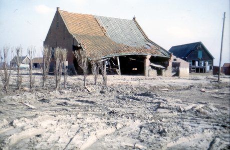 DIA-9664 Nieuwerkerk. Ooststraat. Boerderij van Joh Lievense, met rechtsachter de uiensorteerloods van P. Stoutjesdijk, ...