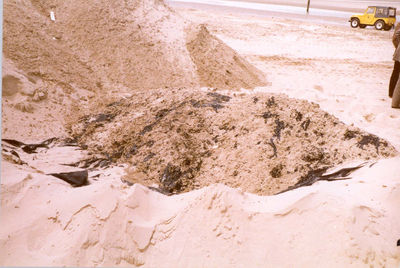 W-1223 Renesse-Noordwelle. Strand. In juni 1982 spoelde olie aan op de stranden. Met groot materieel werd de olie snel ...