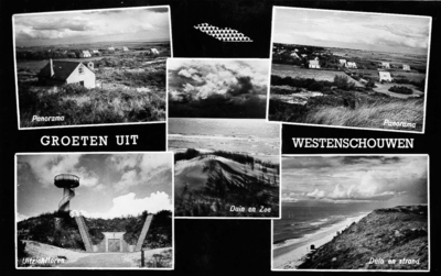 W-1729 Westenschouwen kaart waarop afbeeldingen van de panorama,s vanaf de westduinen en de uitkijktoren