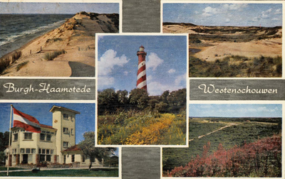 W-1736 Nieuw Haamstede. Prentbriefkaart met duin en strandlandschappen alsmede Hotel Vliegveld en de vuurtoren.