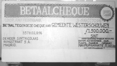WA-0024 Haamstede. Eetbare cheque van marsepein, aangeboden door de Middenstandvereniging Burgh-Haamstede (Sinterklaas 1968).
