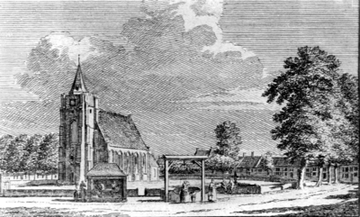 WA-0958 Renesse. Korte Reke. Zicht op de Kerk. Naar een gravure uit 1745.