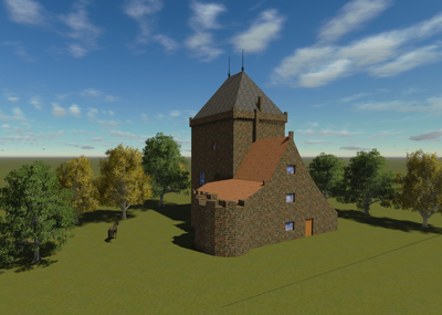 X-3166 Kerkwerve. Huis De Werve. Ten oosten van de kerk lag het 14de-eeuwse huis de Werve, een vierkante donjon (een ...