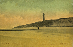 X-3705 Renesse. De IJzeren Vuurtoren gezien vanaf het strand. Deze vuurtoren stond tot 1916 op de duinen aan het eind ...