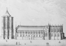 ZM-1059 Zierikzee. Vroeg 19-eeuwse gravure van de Sint Lievens Monsterkerk met Sint Lievens Monstertoren.