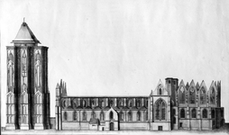 ZM-1063 Zierikzee. 19e eeuwse gravure van de Sint Lievens Monsterkerk en Sint Lievens Monstertoren, na de brand van 1832.