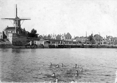 ZM-1173 Zierikzee. Havenkanaal / Bolwerk. Zwemmers in jachthaven aan 't Luitje: op de achtergrond molen Den Haas .