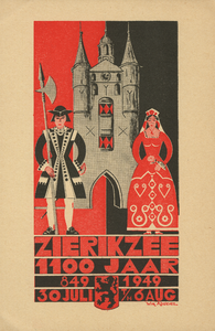 ZZG-1829 Prentbriefkaart uitgegeven ter gelegenheid van de viering van het 1100 jarig bestaan van Zierikzee 849 - 1949