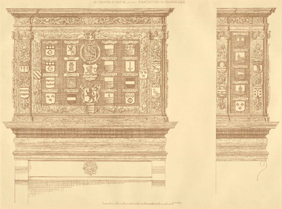 THA-0081 Schoorsteen in het raadhuis te Zierikzee. Zierikzee. Stadhuis Meelstraat. Tekening van het schoorsteenstuk ...