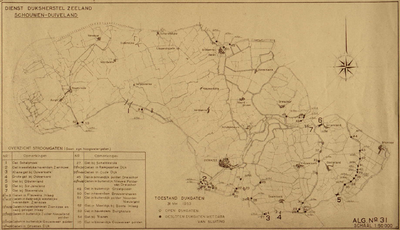 THA-0163 Kaart van Schouwen-Duiveland waarop aangegeven de stroomgaten en de open en gesloten dijkgaten, met de datum ...