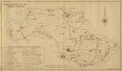THA-0164 Kaart van Schouwen-Duiveland waarop aangegeven de stroomgaten, de hoogte van de dijken voor 1 februari 1953 en ...