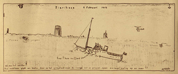 THA-0187 Zierikzee 6 februari 1953. Het motorschip Prinses Juliana , met aan boord baron Van Hardenbroek uit Amersfoort ...