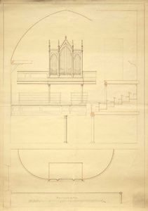 THA-0246 Zierikzee. Schetstekening van een orgel, vooraanzicht en bovenaanzicht, mogelijk in de Kleine Kerk (Gasthuiskerk).