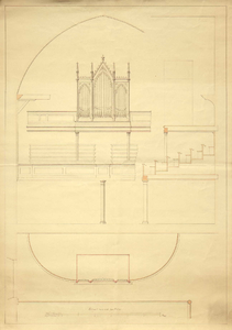 THA-0246 Zierikzee. Schetstekening van een orgel, vooraanzicht en bovenaanzicht, mogelijk in de Kleine Kerk (Gasthuiskerk).