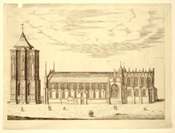THA-0280 Zierikzee. De St. Lievens Monsterkerk en -toren voor de brand van 1832, gezien vanuit het zuiden. Op de ...
