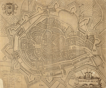 THA-0318 Middelburgum. Middelburg. Stadsplattegrond, opgenomen in het Stedenboek van de Nederlanden. De kaart is een ...