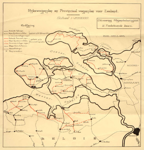 THA-0322 Rijkswegenplan en Provinciaal wegenplan voor Zeeland.. Kaart van de provincie Zeeland met daarop aangegeven de ...