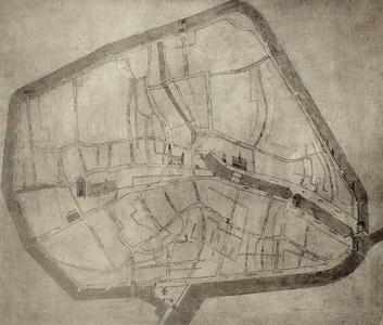 THA-0434 Zierikzee. Fotografische reproductie van een stadsplattegrond uit het einde van de 17e eeuw, waarop aangegeven ...