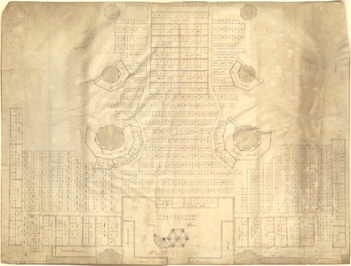 THA-0459 Zierikzee. Plattegrond van een gedeelte van de St. Lievens Monsterkerk, waarop aangegeven de preektuin, de ...