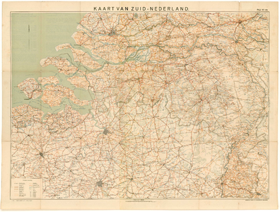 THA-0468 Kaart van Zuid-Nederland.. Kaart van Zuid-Nederland waarop de voornaamste wegen, inclusief tramwegen, ...