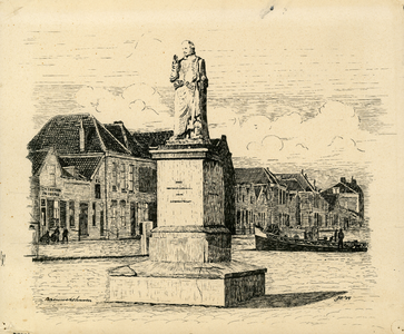 THA-0544 Brouwershaven. Brouwershaven. Het standbeeld van Jacob Cats op de Markt, gezien vanuit het zuidwesten.