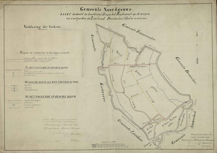 THA-0698 Noordgouwe. Kaart van de gemeente, waarop aangegeven de wegen en voetpaden, behorend bij de wegenlegger.