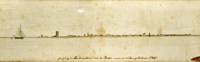 THA-0734 gezigt op de Stad Zierikzee, van de Schelde, naar de Natuur geteekend Ao. 1837.. Zierikzee. Profiel vanaf de ...