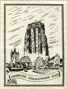 THA-0753a Zierikzee eeuwenoude stad. Zierikzee. Plakplaatjes waarop afgebeeld de Sint Lieven Monstertoren, de ...