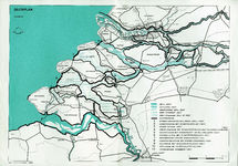 THA-0862 Deltaplan. Zuid-west Nederland met daarop aangegven de getijden in de verschillende wateren en de geplande en ...