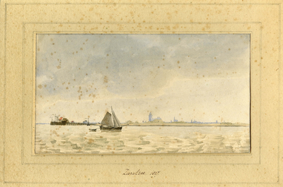 THA-1000 Zierikzee, 1827. Zierikzee. Gezicht op de stad vanuit het zuiden, vanaf de Oosterschelde. Links de ingang van ...