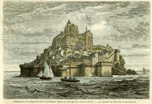 THA-1021 Restauration de l'abbaye du Mont Saint-Michel, rendue au culte par une décision récente. - Vue générale de ...