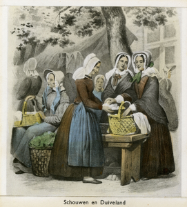 THA-1031 Schouwen en Duiveland. Markt, met vrouwen in Schouwse dracht. Afdruk naar de lithografie oorspronkelijk ...