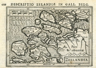 THA-1032 DESCRIPTIO ZELANDIÆ IN GALL. BELG.. Kaart van de provincie Zeeland. Op Schouwen is Zuidkerke aangegeven als ...