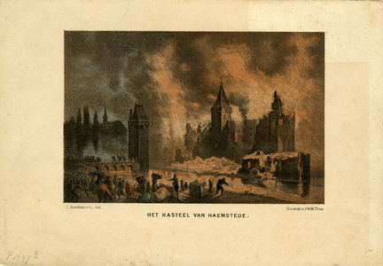 THA-1033 Het Kasteel van Haamstede. Haamstede. Kasteel Haamstede tijdens de grote brand van 1510. Deze brand ontstond ...