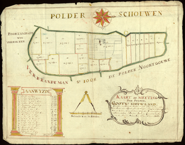 THA-1385 Kaart van de polder Gooikens Nieuwland. Met aanduiding van de eigenaren en de grootte van hun kavels.