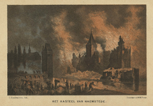 THA-1527 Het kasteel van Haemstede. Haamstede. Historieprent van het afbranden van Slot Haamstede in 1525. Het werd in ...