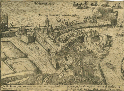 THA-1583 Bommene. Bommenede. De bestorming van de Staatse vestingwerken bij het dorp Bommenede door de Spanjaarden ...