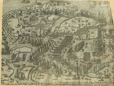 THA-1584 Schouwen-Duiveland. Historieprent van de doorwading van het Zijpe door de Spanjaarden op Sint Michielsavond, ...
