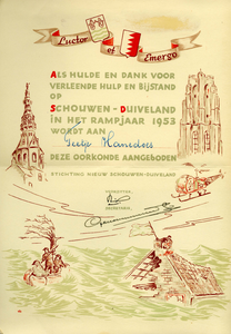 A-1733 Oorkonde, uitgereikt door de Stichting Nieuw Schouwen-Duiveland aan Teetje Hanedoes, als hulde en dank voor ...