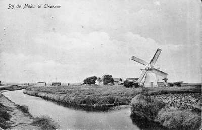 BE-1414 Elkerzee. Locatie onbekend. Ansichtkaart van korenmolen in de polder.