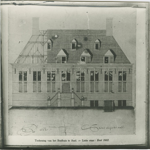 412 Teekening van het Stadhuis te Axel. - Links staat: Boot 1662.. Tekening van het stadhuis aan de Markt te Axel