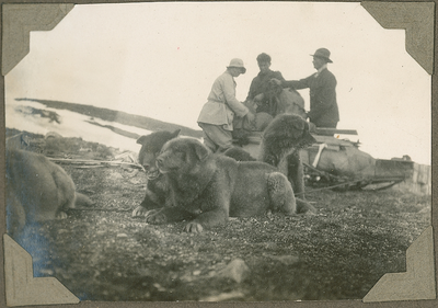 10-14-2 Ingespannen sledehonden met op de achtergrond Sjef van Dongen en twee bezoekers, Spitsbergen